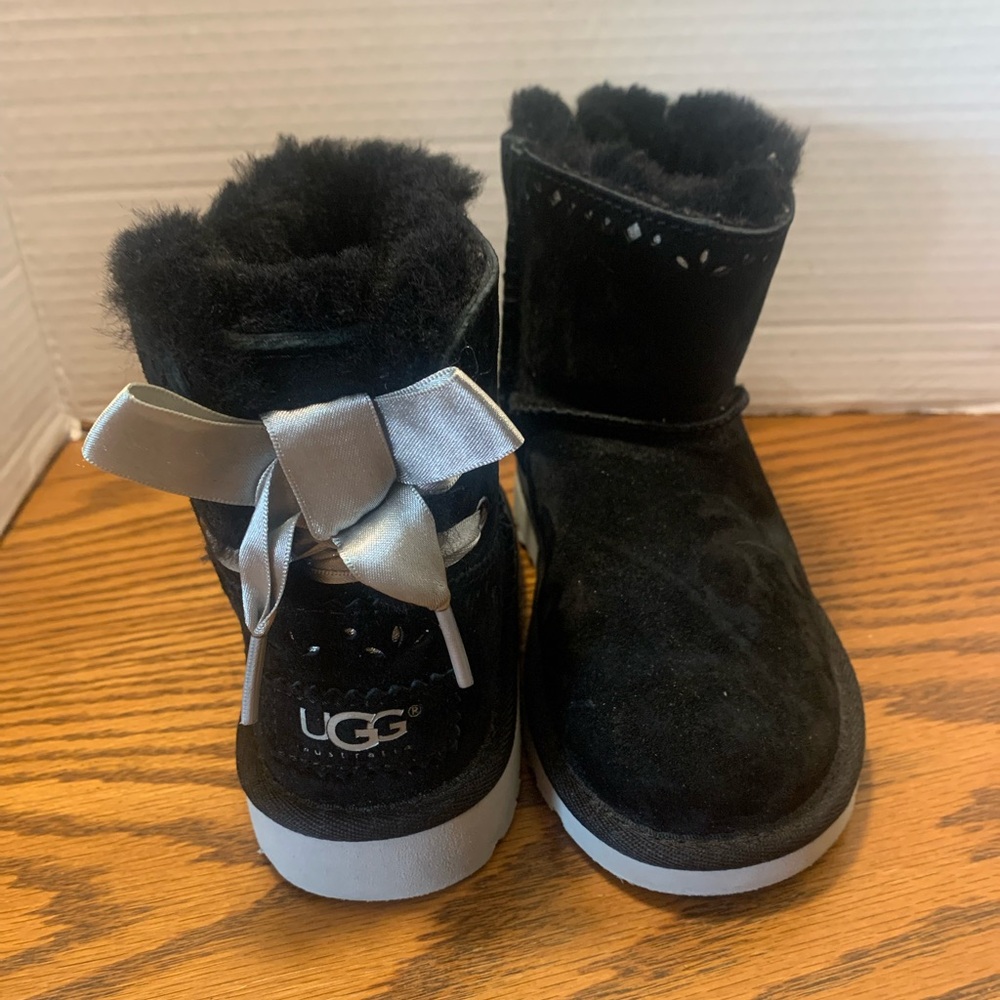 UGG Kids Black Suede Boot with Silver Bow warm fancy fun